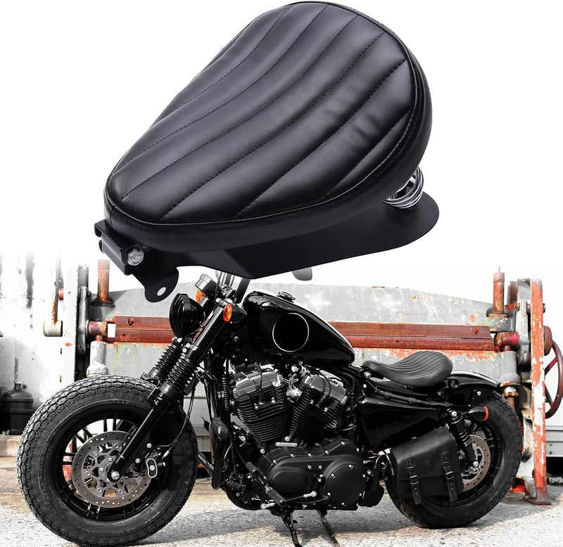 DREAMIZER Motorcycle Seat Cushion Driver Solo Seats with Spring Bracket PU Leather Compatible with Harley Honda Yamaha Kawasaki Sportster Iron 883 1200 Chopper Bobber Cafe Racer - Image 1